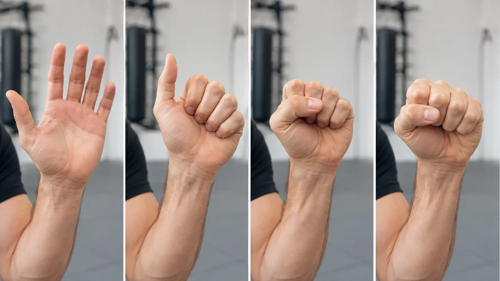 Vier realistische Nahaufnahmen zeigen eine offene Hand, das Einrollen der Finger, die sichere Daumenposition außen und die fertige Faust mit geradem Handgelenk