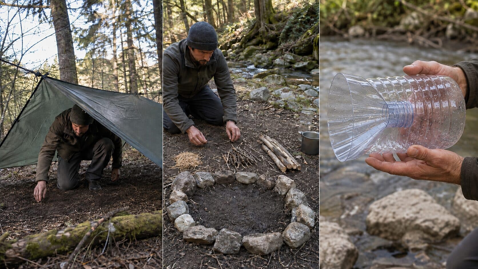 Tarp-Unterstand, vorbereitete Feuerstelle und passive Flaschenreuse