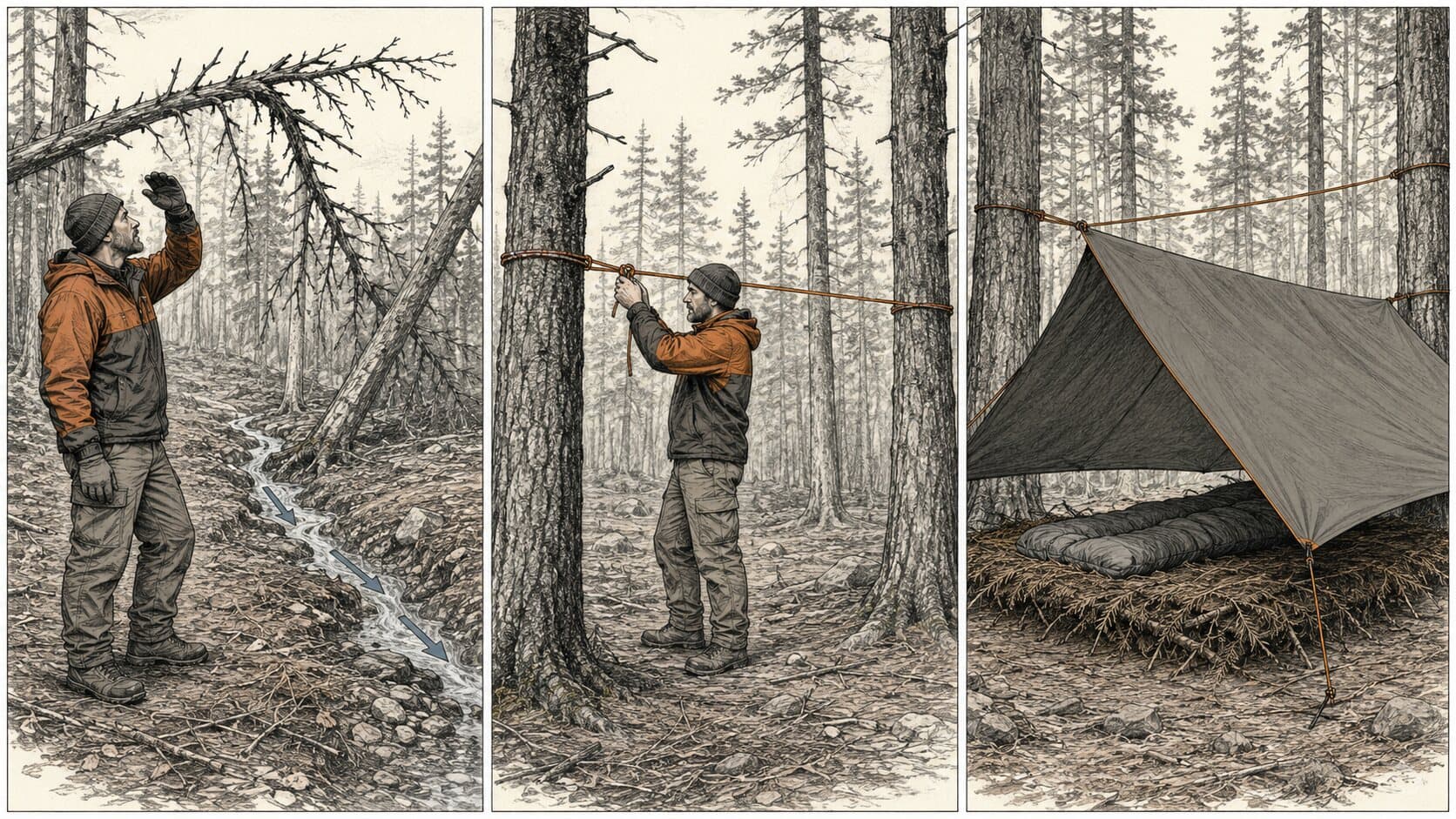 Drei Schritte von der Standortprüfung bis zum isolierten Tarp-Unterstand im Wald