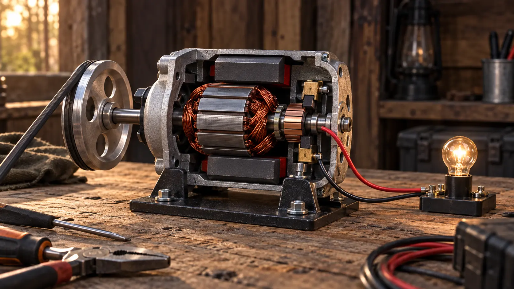 Geöffneter Permanentmagnet-Generator mit sichtbarem Rotor, Magneten, Kupferwicklungen und Riemenscheibe