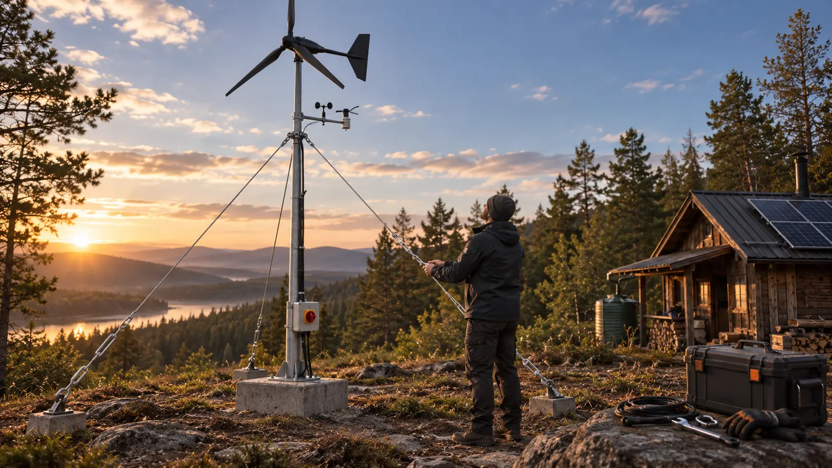 Kleine Windkraftanlage auf abgespanntem Mast mit Fundament, Abschalter und Wettermessung