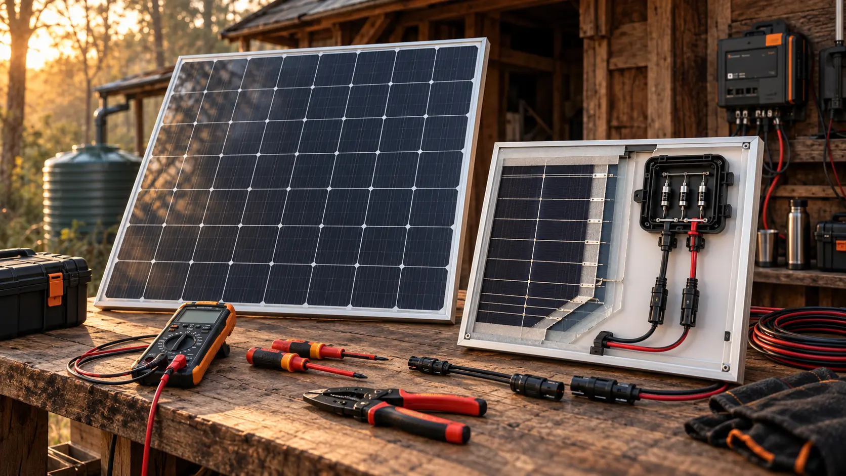 Photovoltaikmodul mit sichtbaren Zellen, Anschlussdose, Bypassdioden, Steckern und Multimeter